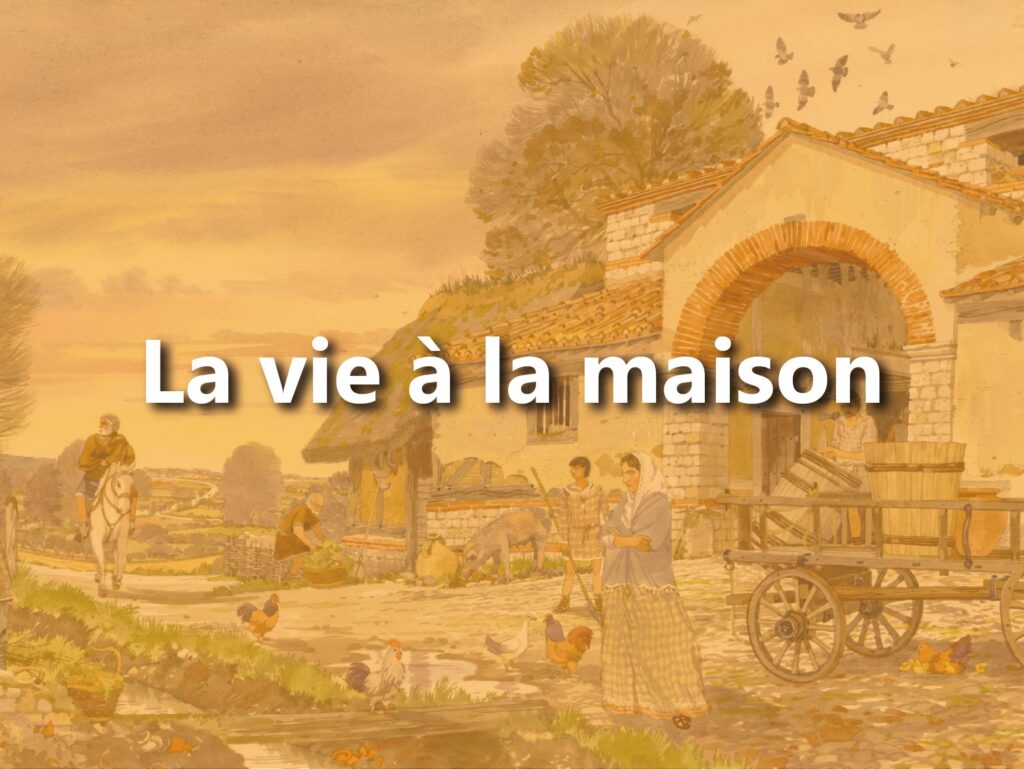 Aquarelle d'une scène de vie quotidienne à l'époque antique avec un texte écrit dessus